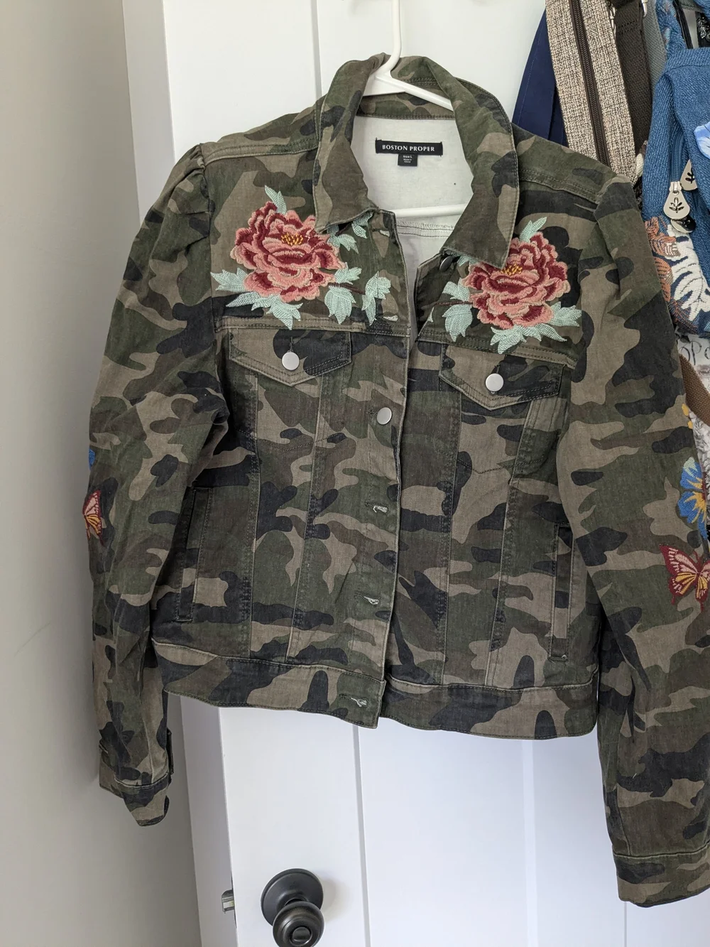 Boston Proper Women's Camo Embroidered Floral Jacket - Green - Picture 1 of 4